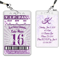 Floral Purple Glitter VIP Pass Lanyard Sweet 16 Invitations