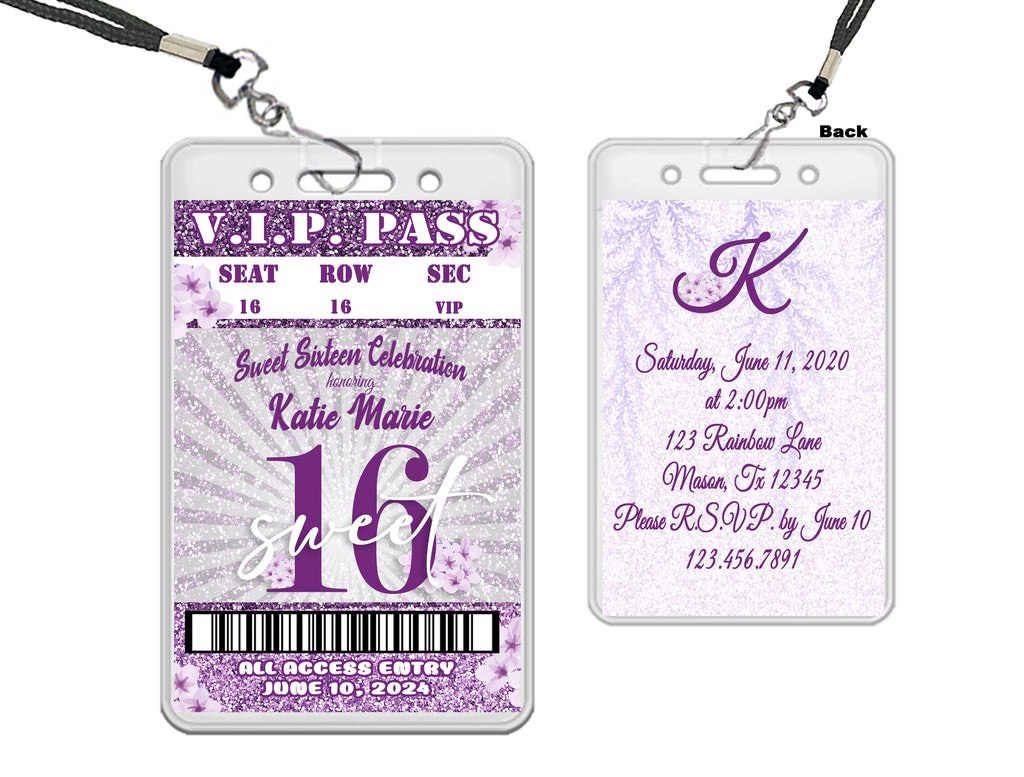 Floral Purple Glitter VIP Pass Lanyard Sweet 16 Invitations