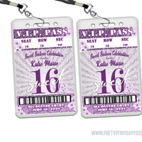 Floral Purple Glitter VIP Pass Lanyard Sweet 16 Invitations