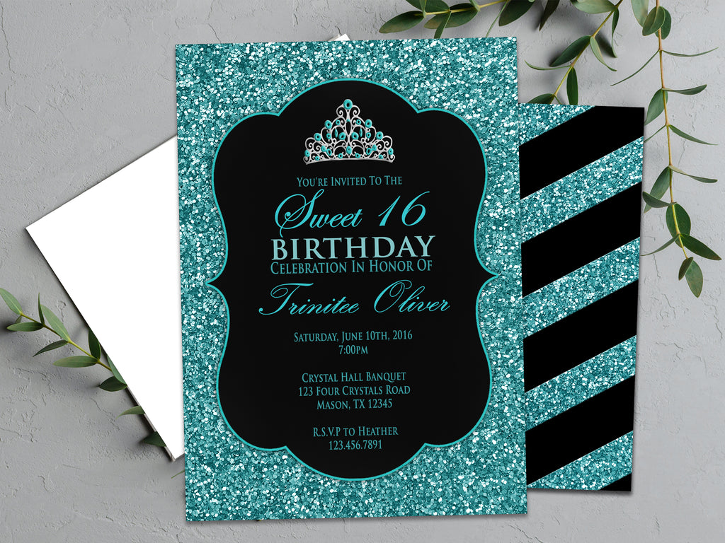 Tiara Turquoise Glitter Sweet 16 Invitations Party Print Express