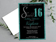 Turquoise Glitter Sweet 16 Birthday Invitations