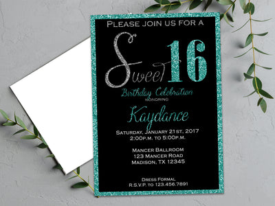 Turquoise Glitter Sweet 16 Birthday Invitations