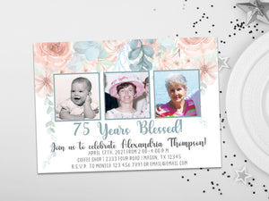 Blessed Floral Photo Birthday Invitations Women