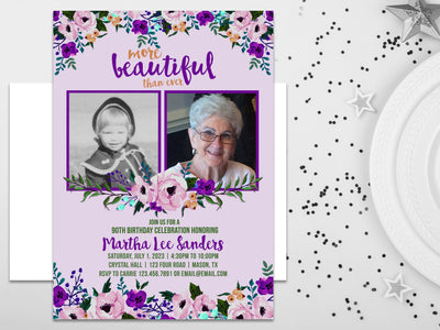 Purple Floral Woman Birthday Invitations