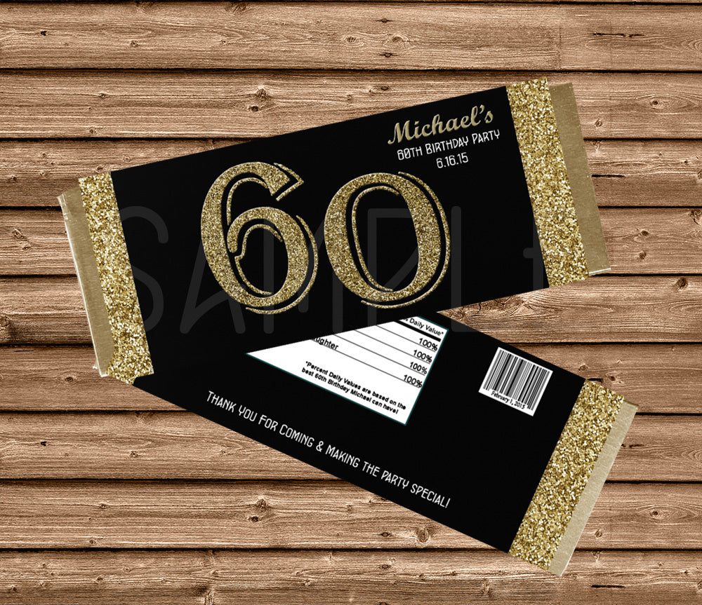 Gold Glitter & Black Birthday Candy Bar Wrapper | Party Print Express