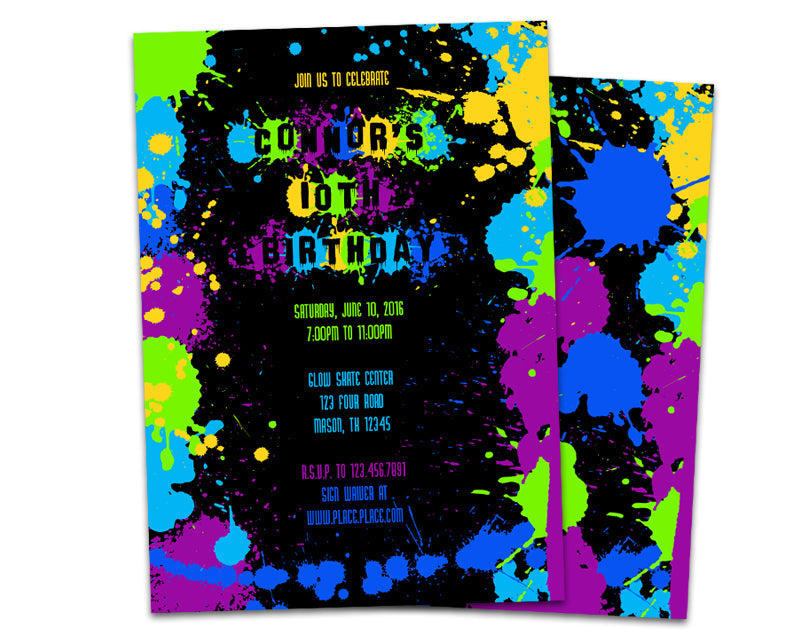Glow Neon Paint Splatter Birthday Invitations | Party Print Express glow-neon-paint-splatter-birthday-invitations-party-print-express