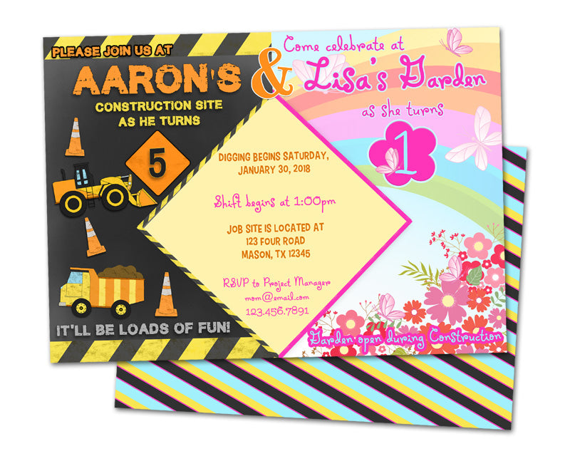 Dual Birthday Invitations Garden Construction Party Print Express
