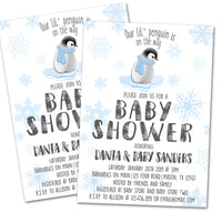 Penguin Baby Shower Invitations Blue Snowflake Boy