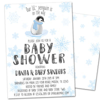 Penguin Baby Shower Invitations Blue Snowflake Boy
