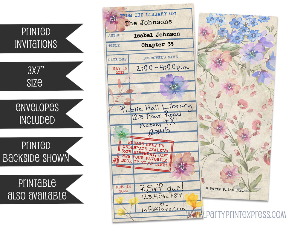 Vintage Floral Library Card Invitations | Party Print Express