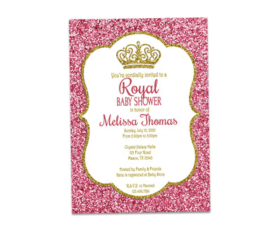 Gold & Pink Glitter Princess Baby Shower Invitations