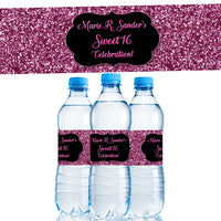 Pink Glitter Sweet 16 Water Bottle Labels