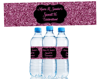 Pink Glitter Sweet 16 Water Bottle Labels