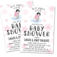 Pink Penguin Baby Shower Invitations Winter Girl
