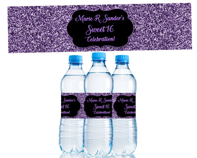 Purple Glitter Sweet 16 Water Bottle Labels