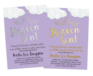 Angel Purple Heaven Sent Baby Shower Invitations