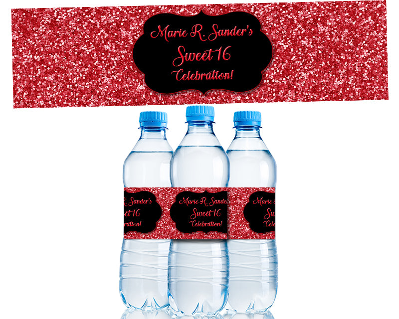 Red Glitter Sweet 16 Water Bottle Labels