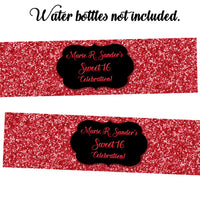 Red Glitter Sweet 16 Water Bottle Labels