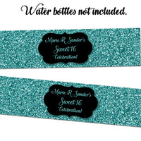 Turquoise Glitter Sweet 16 Water Bottle Labels