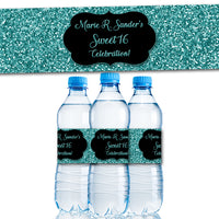 Turquoise Glitter Sweet 16 Water Bottle Labels