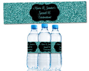 Turquoise Glitter Sweet 16 Water Bottle Labels