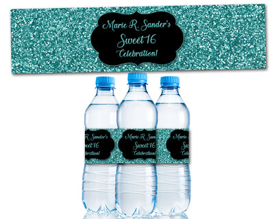Turquoise Glitter Sweet 16 Water Bottle Labels
