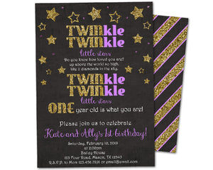 Twins Twinkle Little Star Birthday Invitations Purple Gold