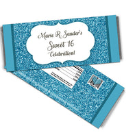 Silver and Aqua Glitter Sweet 16 Candy Bar Wrappers