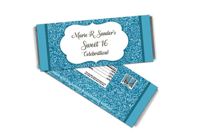 Silver and Aqua Glitter Sweet 16 Candy Bar Wrappers