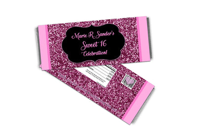 Pink Glitter Sweet 16 Candy Bar Wrappers