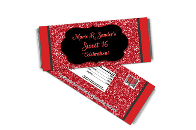 Black & Red Glitter Sweet 16 Candy Bar Wrappers