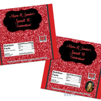 Black & Red Glitter Sweet 16 Candy Bar Wrappers