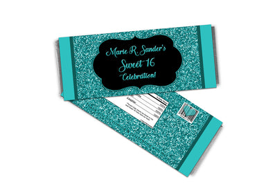 Turquoise Glitter Sweet 16 Candy Bar Wrappers