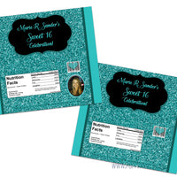 Turquoise Glitter Sweet 16 Candy Bar Wrappers